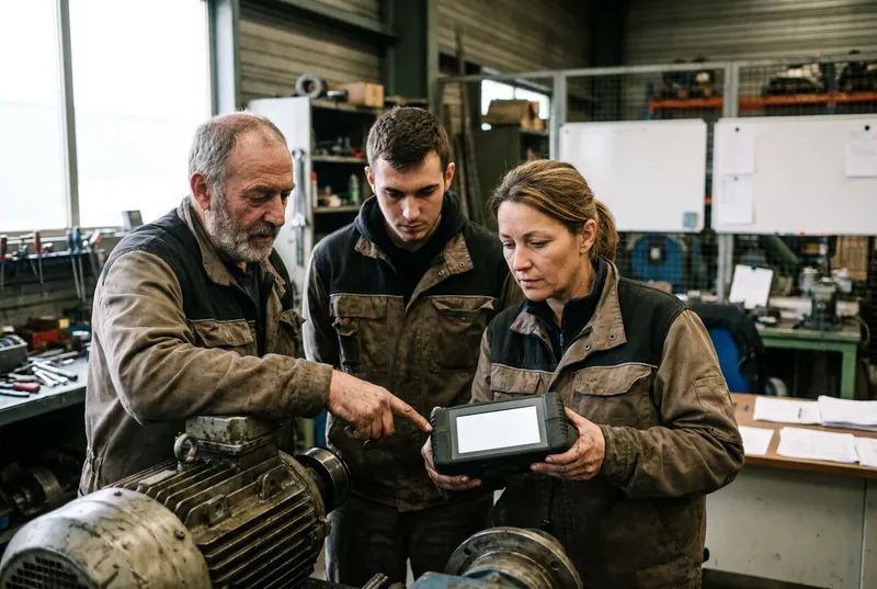 Deux techniciens de maintenance mesurent la vibration d'un moteur industriel à l'aide d'un appareil portable.